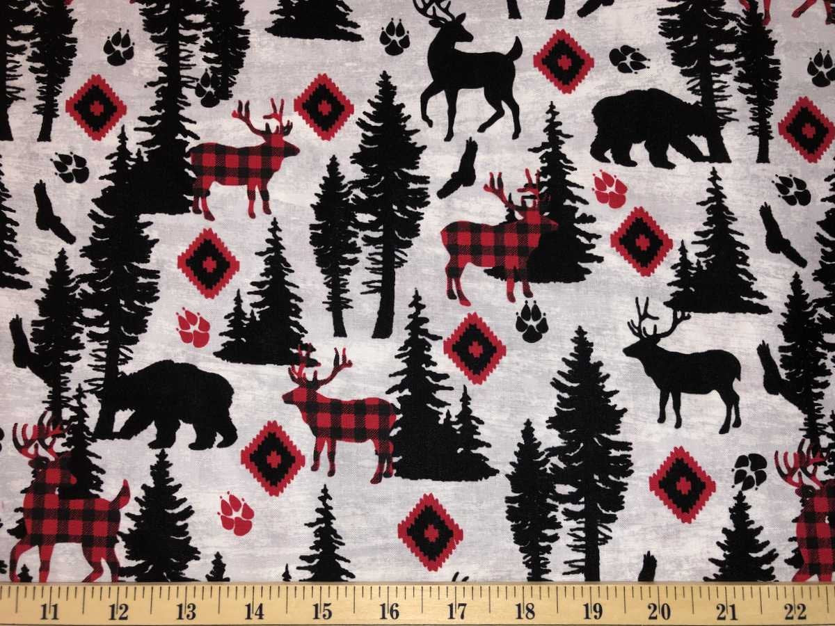 Black Red Animal Fabric Deer Bear Fabric Elk Moose Red Black Buffalo Check Wildlife Gray Apparel Quilting Fabric t4/39