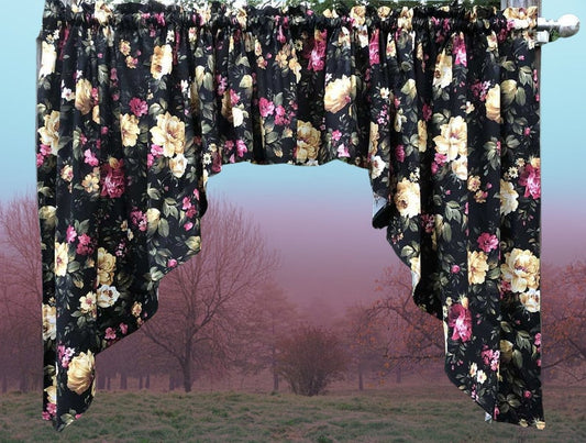 Large Beautiful Pink Purple White Floral Flowers on Black Custom Sewn Handcrafted 3pc Curtain Swags Valance NEW
