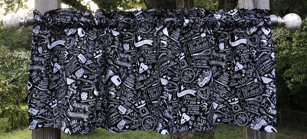 Cooking with Love Chalkboard Black White Compassion Kindness Patience Laughter Fun Friendship Handcrafted Cotton Curtain Valance t4/7