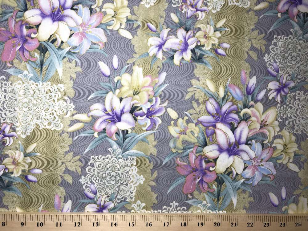 LILY FLORAL Fabric Purple Lilac Gold Metallic Easter Asian Apparel Fabric Cotton Quilting