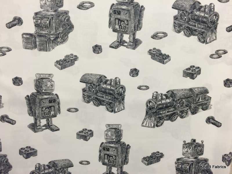 Trains Robots Bolts Black Off White Fabric Boys 100% Cotton BTY Yard or HY t6/27