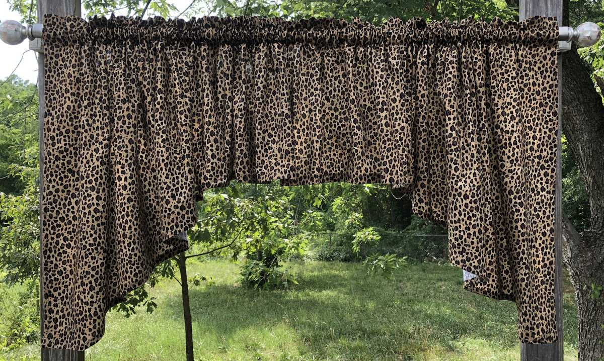 Cheetah Valance Swags Leopard Safari Jungle Wildlife Black Brown Bedroom Den Kitchen Curtain Swag Set