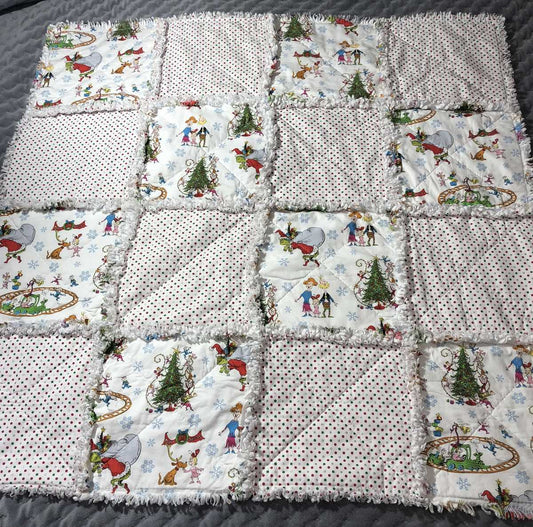 Grinch Christmas Fabric Rag Quilt Dr Seuss 40x40 Toddler Baby Crib Nursery Throw Lap Nursing Blanket Quilted Comforter