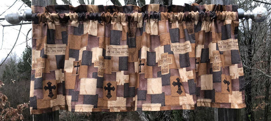 Christian Valance Religious Bible Scripture Patches & Crosses Leather Look Deer Brown Church Farmhouse Kitchen Bath Curtain Valance