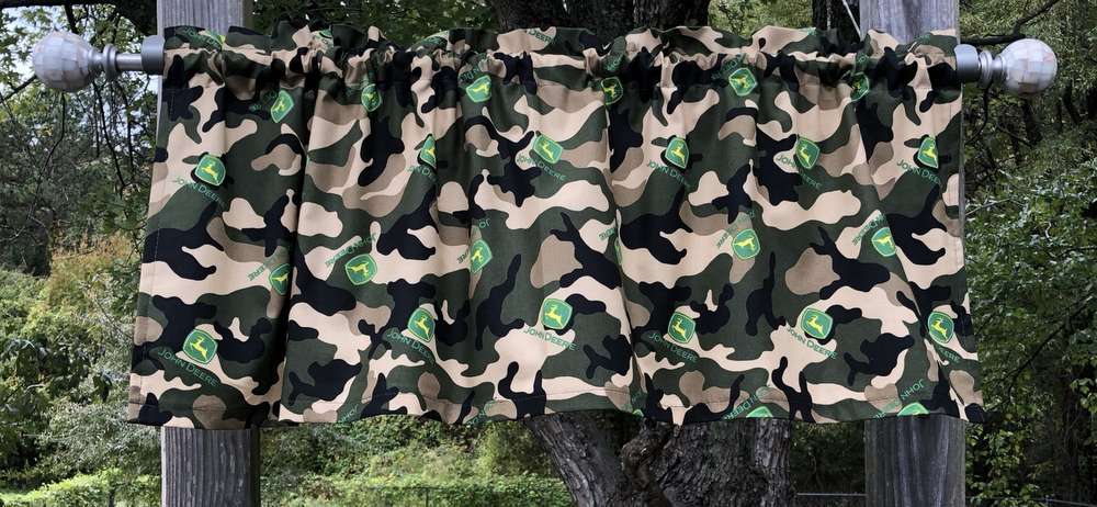 Handcrafted Curtain Valance Sewn From John Deere Logo Camo Toss Camouflage Cotton Fabric