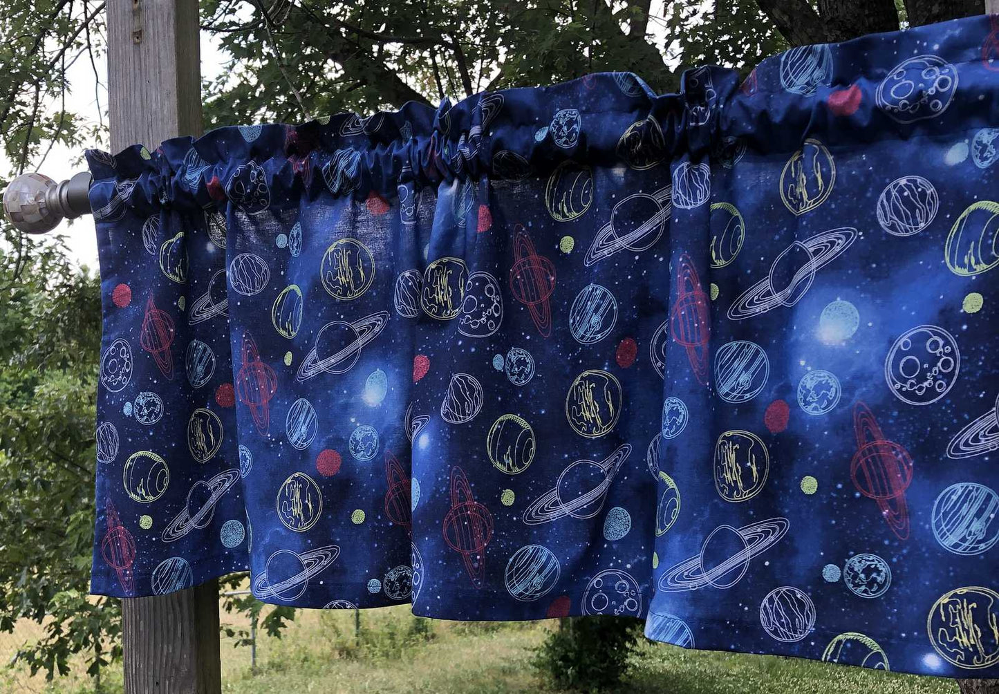 Outer Space Planets Stars Galaxy Science Custom Sewn Navy Blue Handcrafted Curtain Valance