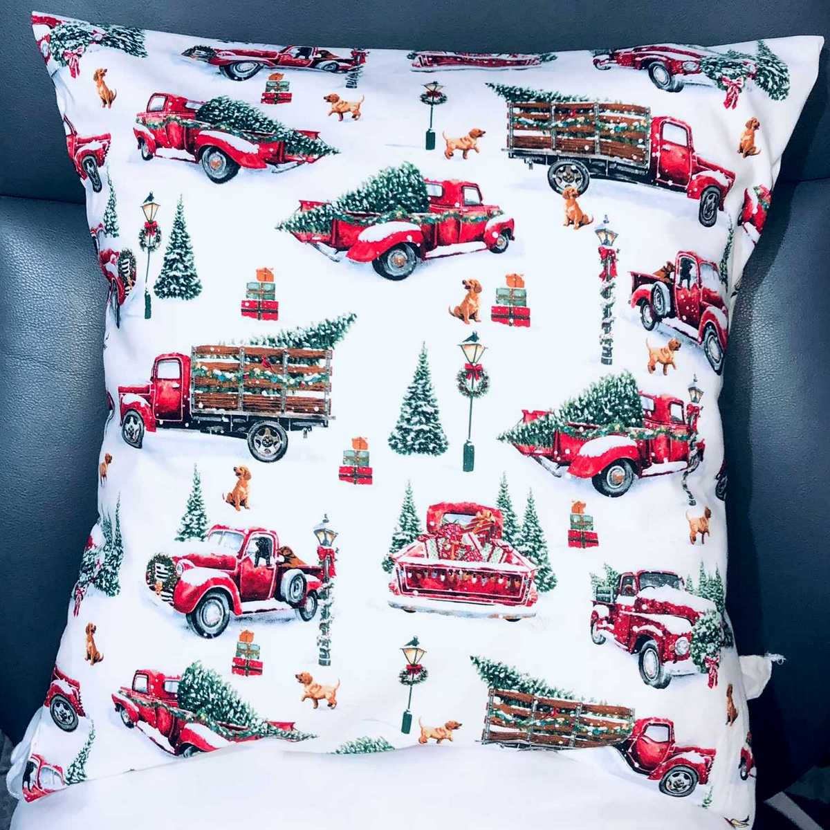 Christmas Red Truck Valance Xmas Tree Hauler Presents Dog Holiday Pillow Cover