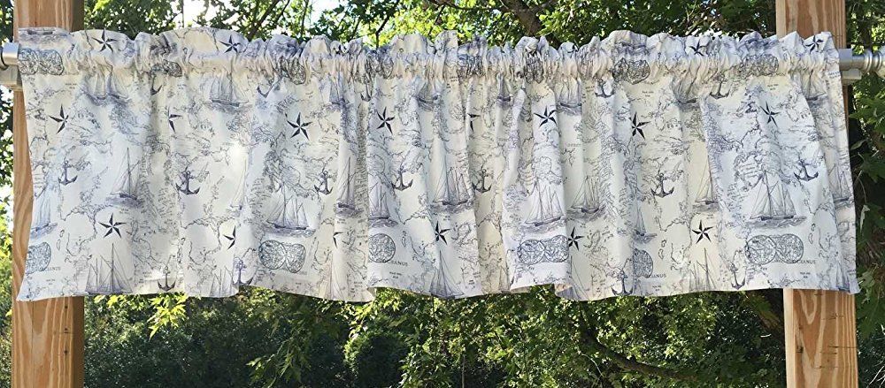 Nautical Map Ship Voyage Anchor Navy on White Sailboat Boat Kitchen Bath Handcrafted Valance a5/37