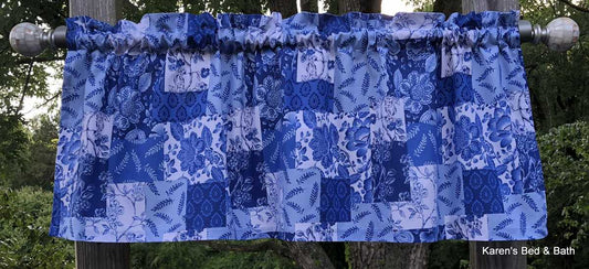 Blue and White Patch Valance Patchwork Look Blue Plants Flowers Kitchen Farmhouse Window Curtain Valance