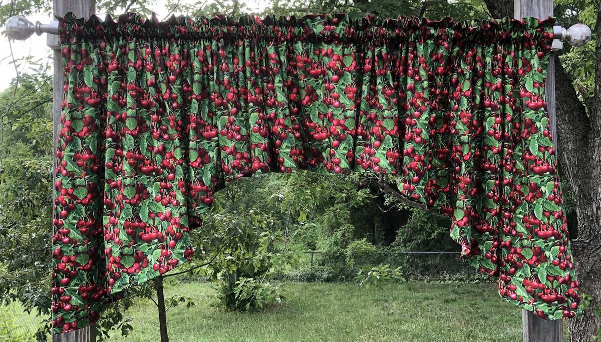 Red Cherry Swag Valance Delicious Fruit Cherries Green Leaves Handmade Kitchen Curtain Valance Swags