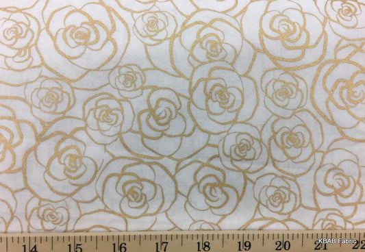 Gold Metallic Rose Outline on Antique White Floral Print Cotton Quilting Apparel Fabric By the Yard / Half Yard a4/42