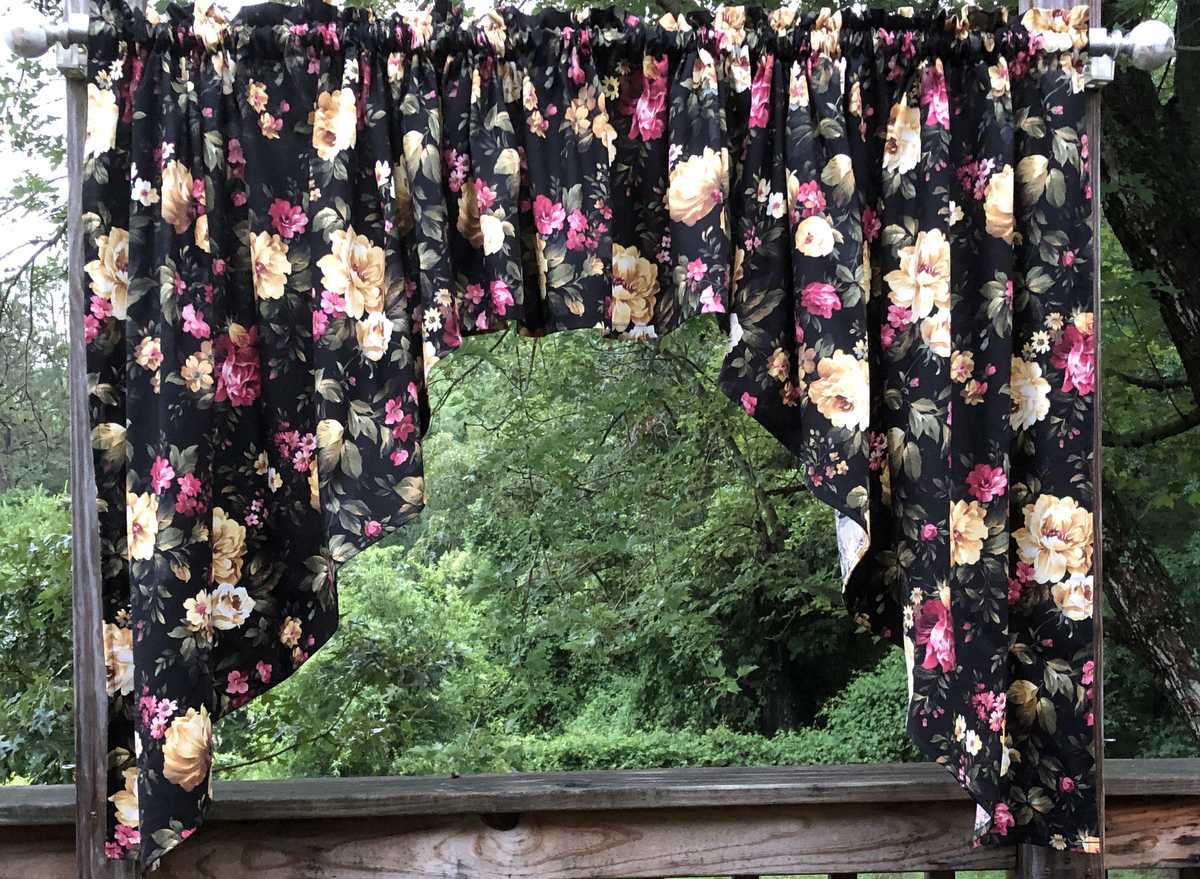 Large Beautiful Pink Purple White Floral Flowers on Black Custom Sewn Handcrafted 3pc Curtain Swags Valance NEW