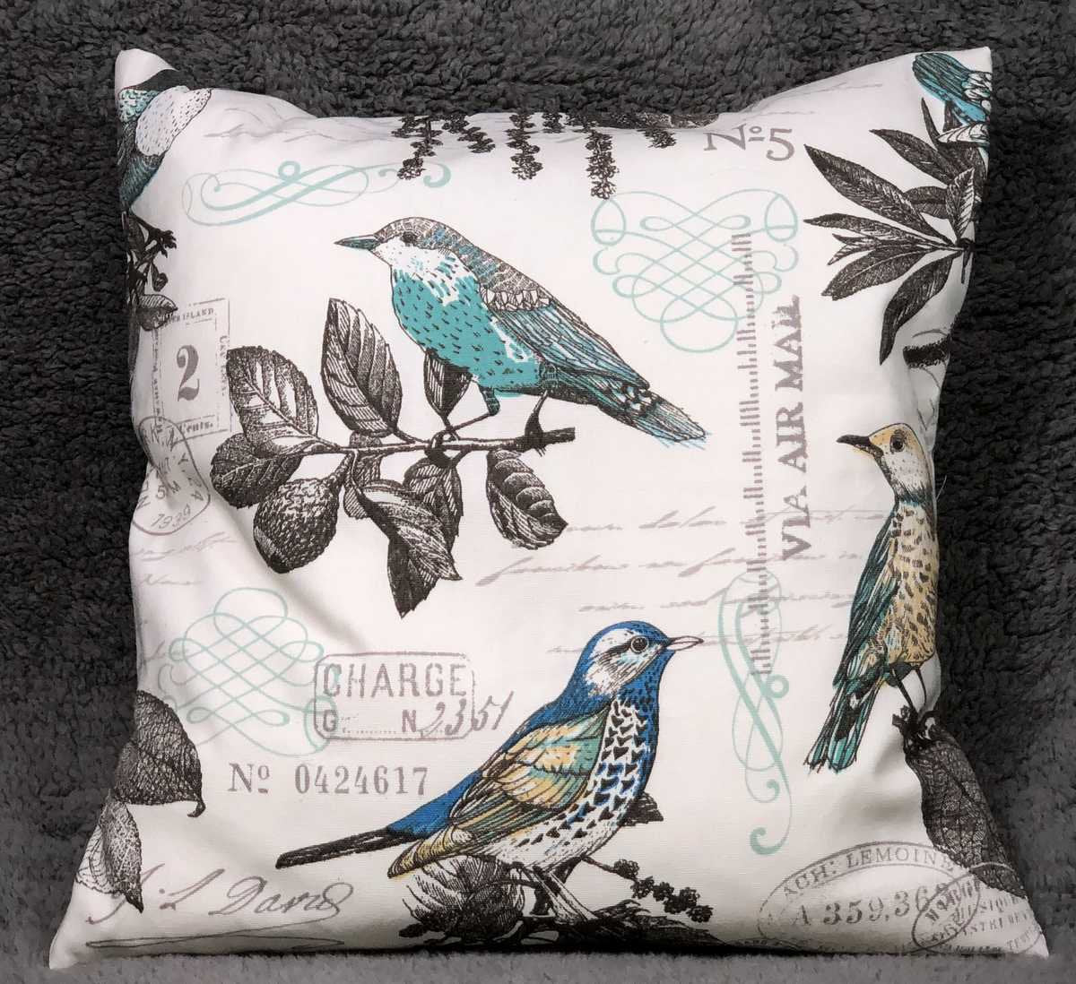 Birds Postage Air Mail Stamped Pillow Cover, Sofa Accent Pillow Sham, Farmhouse Pillow Cover, Handcrafted Removable Pillow Cover