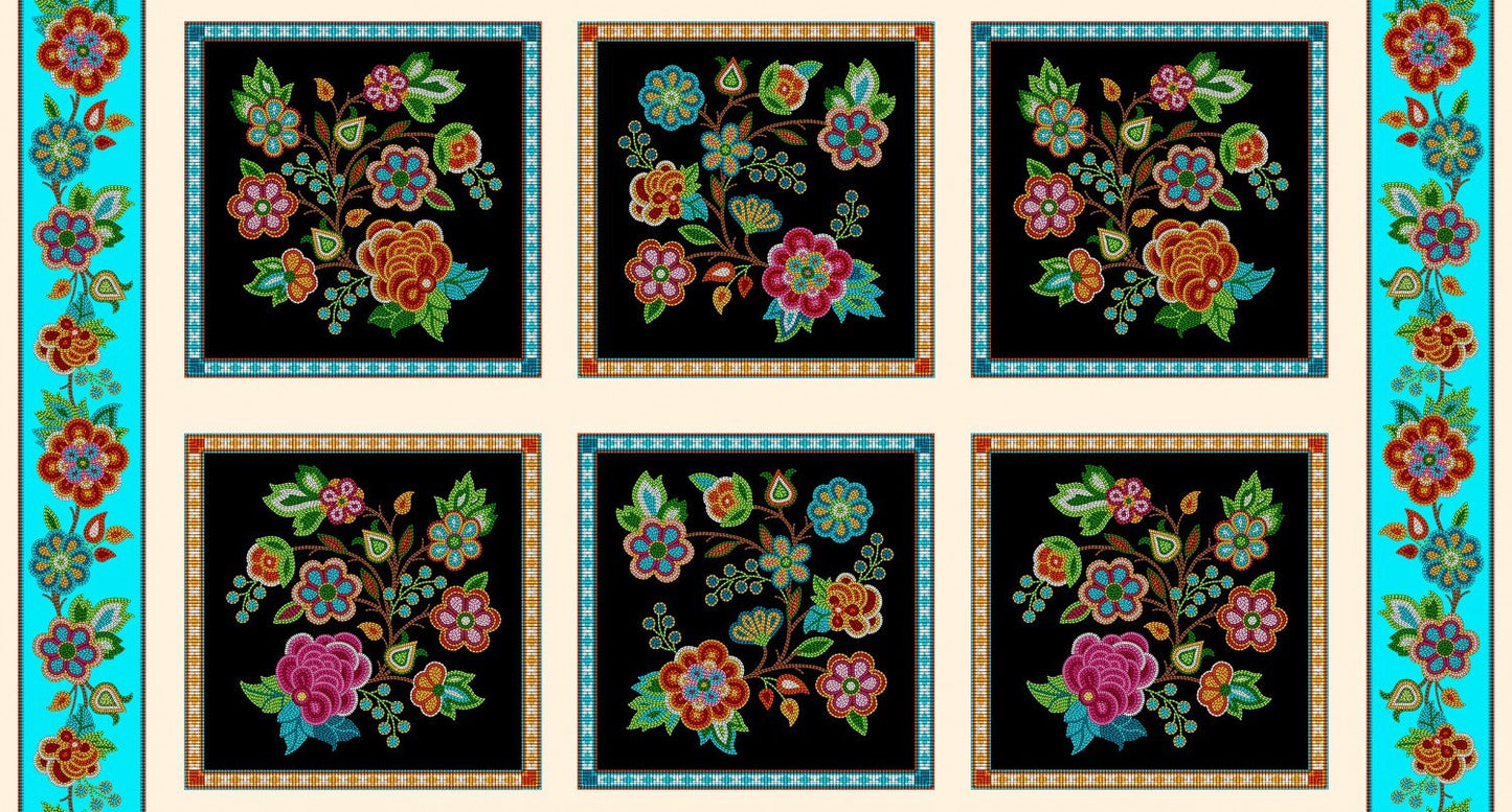 Black Tucson Floral Panel Fabric Mosaic Flowers Large Blocks Elizabeth Studio Quilting Cotton 44x24 Fabric Panel