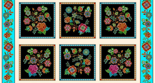 Black Tucson Floral Panel Fabric Mosaic Flowers Large Blocks Elizabeth Studio Quilting Cotton 44x24 Fabric Panel