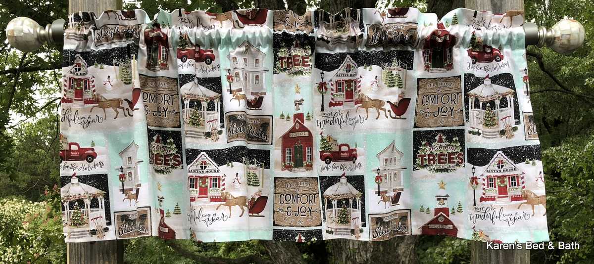 Christmas Holiday Valance Red Truck School House Gazebo Horse Drawn Carriage Sleigh Ride Kitchen Window Curtain Valance