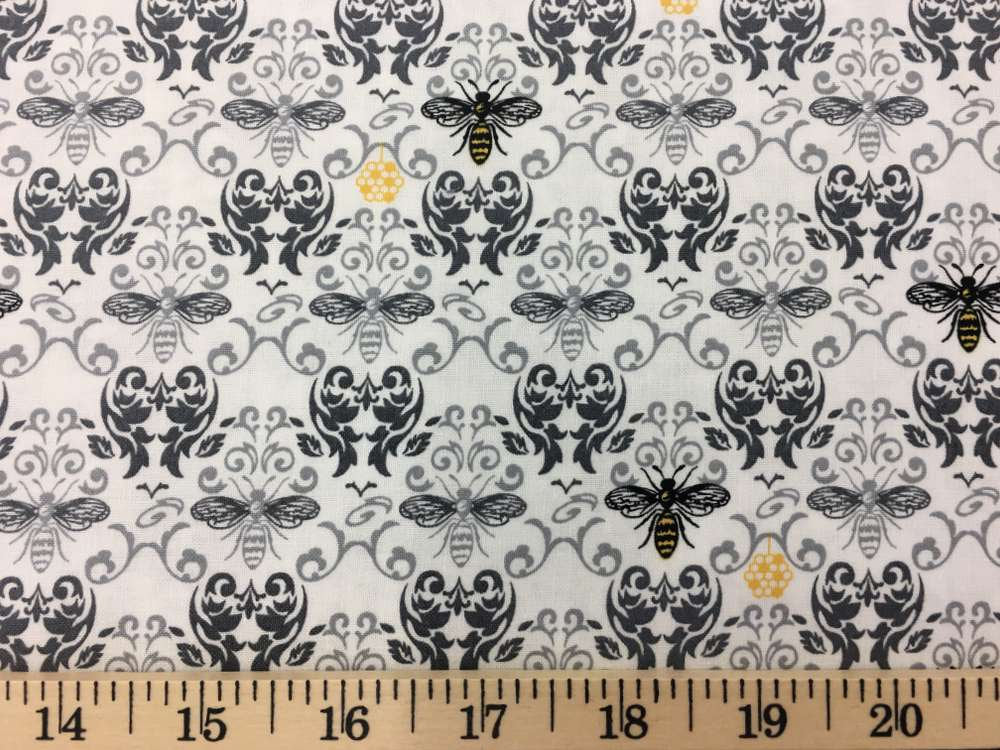 Bee Damask Gray Cotton Fabric with Bees Grey Yellow Cotton Fabric By the Yard FQ t3/19