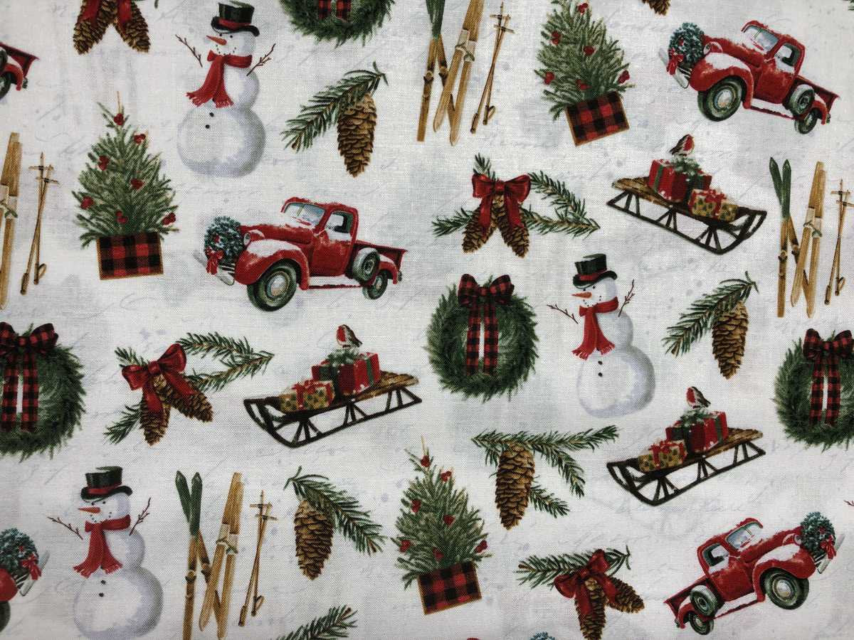 Christmas Fabric Winter Holiday Sled Ski Fabric Snowman Red Truck Panel Coordinate Fabric Pinecone Farm Wreath Xmas Cotton Fabric