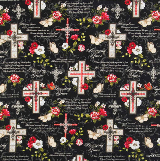 Amazing Grace Fabric Religious Christian Black Fabric Floral Cross Butterfly Fabric Church Sunday School Faith Belief Cotton Fabric t2/17