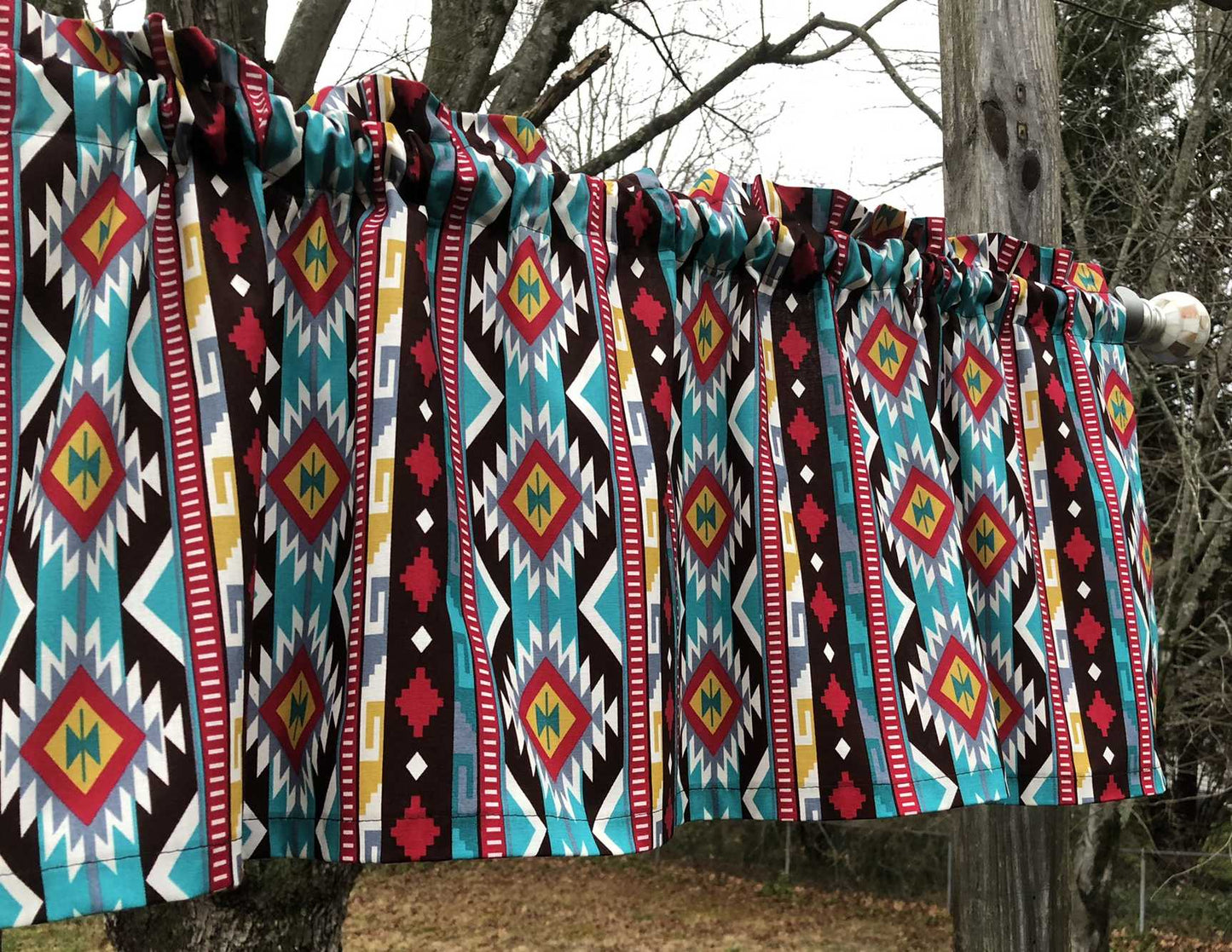 Tribal Valance Aztec Western Rodeo Turquoise Southwestern Decor Red Brown Farmhouse Kitchen Bath Curtain Valance