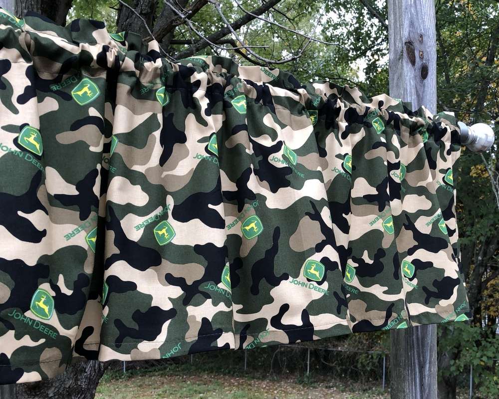 Handcrafted Curtain Valance Sewn From John Deere Logo Camo Toss Camouflage Cotton Fabric