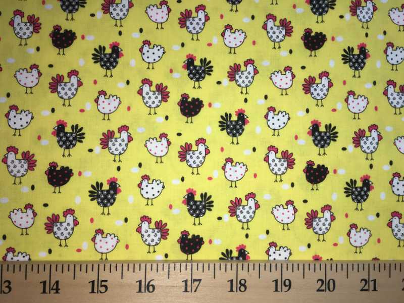 Rooster Farm Chicken Black White Yellow Roosters Quilting Cotton Fabric w8/18