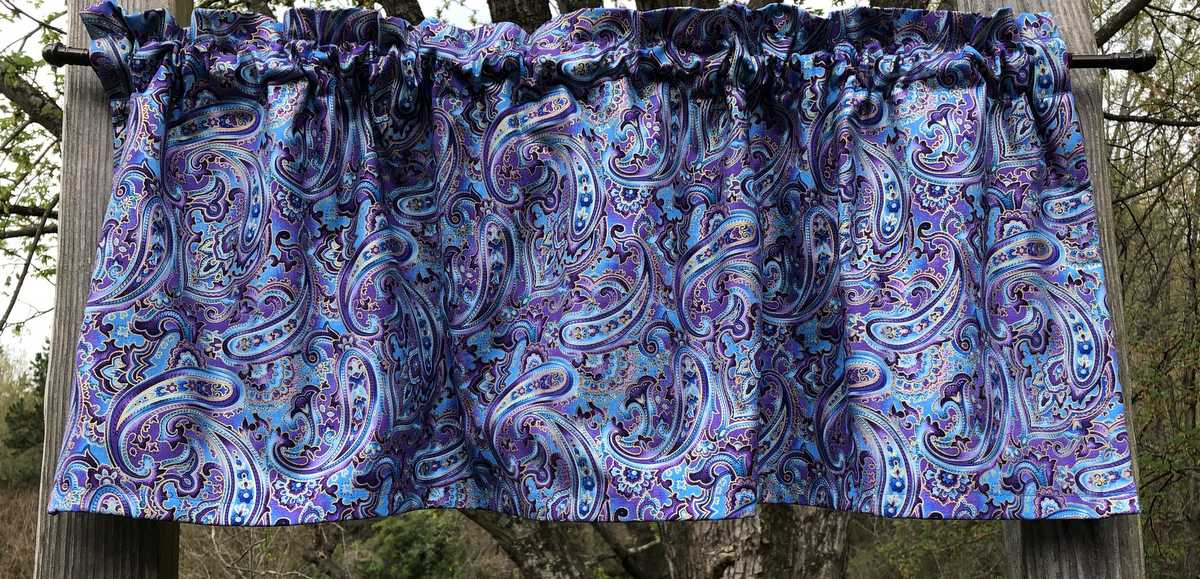 Blue Purple Paisley Metallic Gold Etched Paisley Print Handcrafted Valance w4/25
