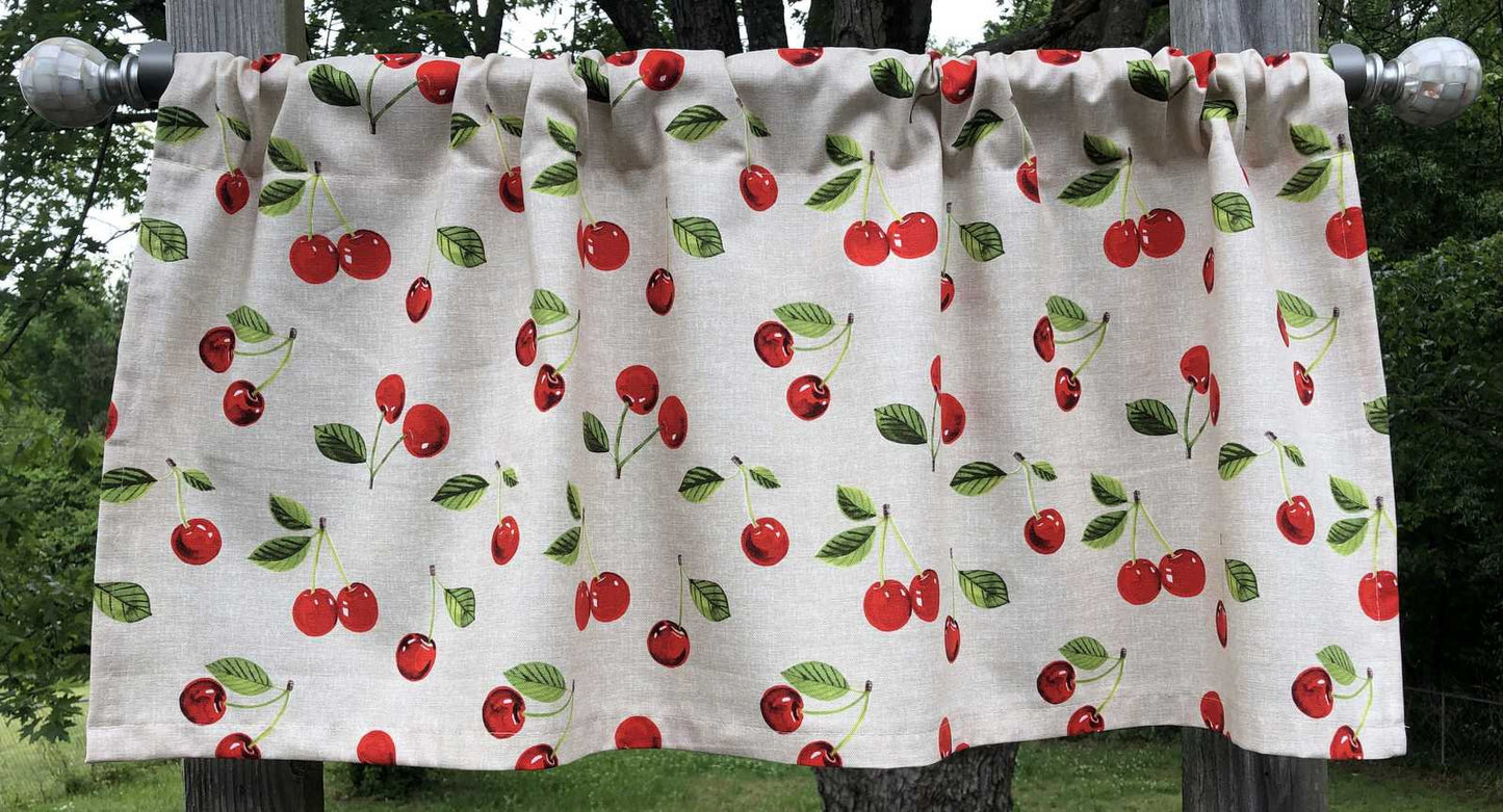 Cherry Valance Red Cherries with Green Leaf Stems on Linen Color Kitchen Farmhouse Fruit Food Window Curtain Valance Panel - Choose Length