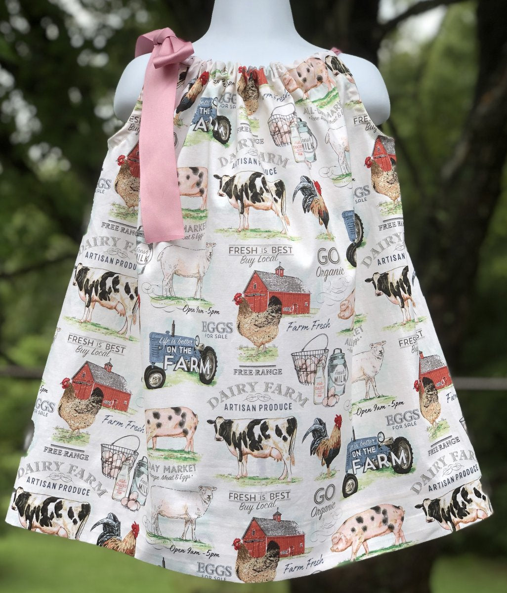 Dairy Farm Animals Sundress Farmer Daughter Dress Tractor Chicken Dairy Cow Market Girl Pillowcase Dress 12m 2T 3T 4T 5 6 7 8 10 12 14