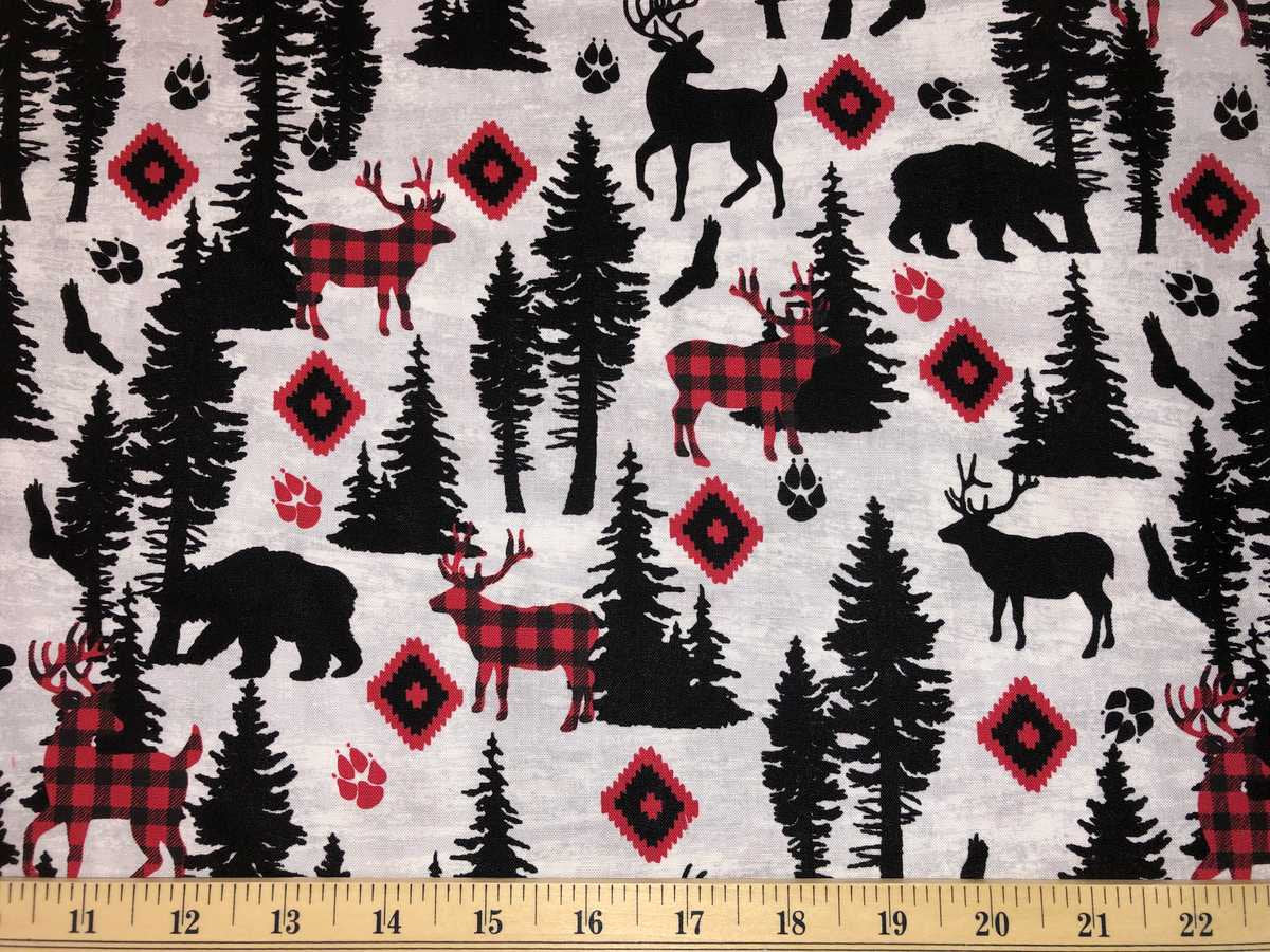 Black Red Animal Fabric Deer Bear Fabric Elk Moose Red Black Buffalo Check Wildlife Gray Apparel Quilting Fabric t4/39