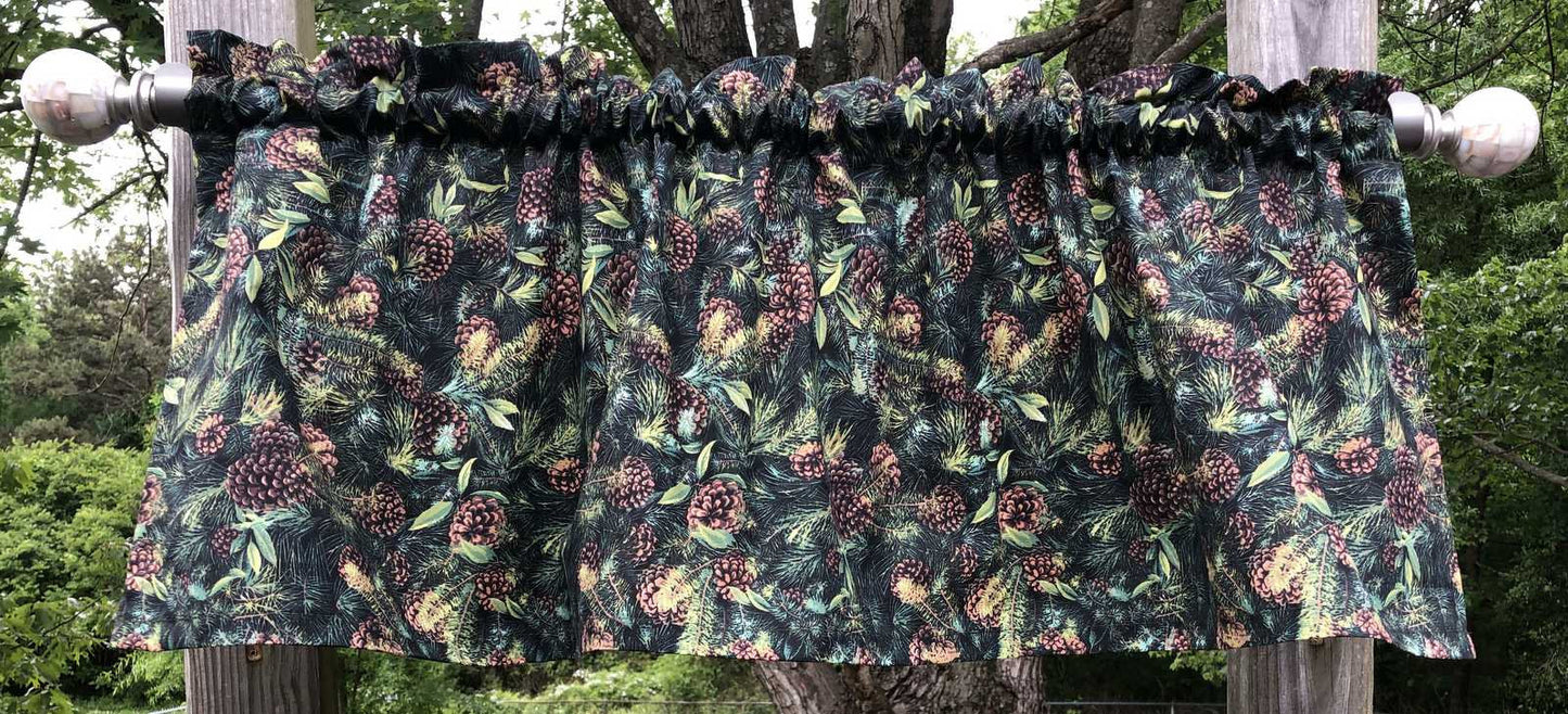 Pine Tree Cone Rustic Cabin Lodge Pinecones Farmhouse RV Camper Kitchen Window Curtain Valance Panel Choose Finished Length