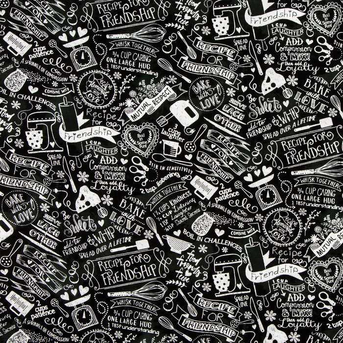 Black Cooking Kitchen Fabric, Chalkboard Style Cook Fabric, Bake with Love Cotton Fabric t4/7