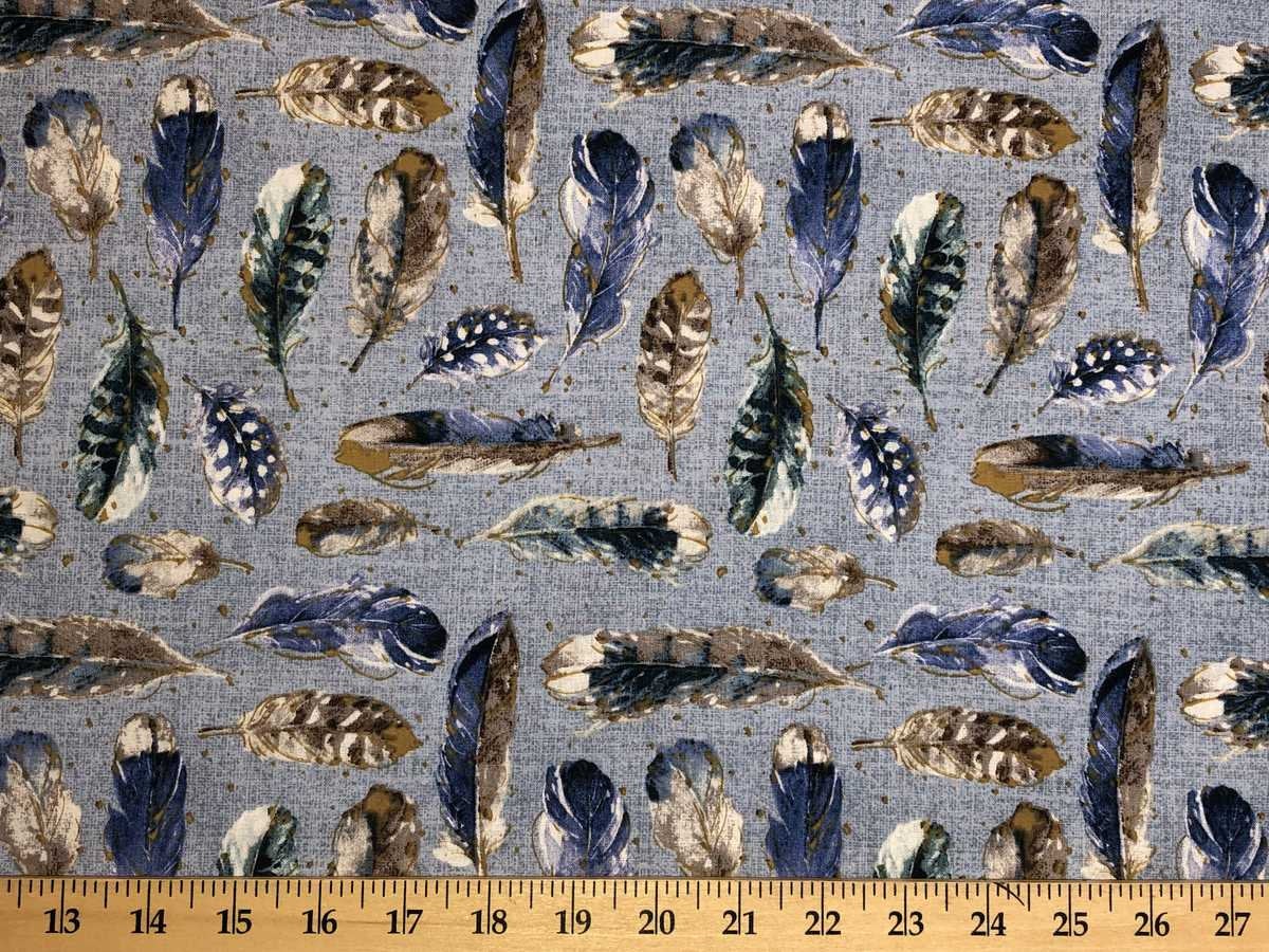 Blue Feather Fabric Tribal Bird Feathers Fabric David Textiles Cotton Apparel Quilting Fabric