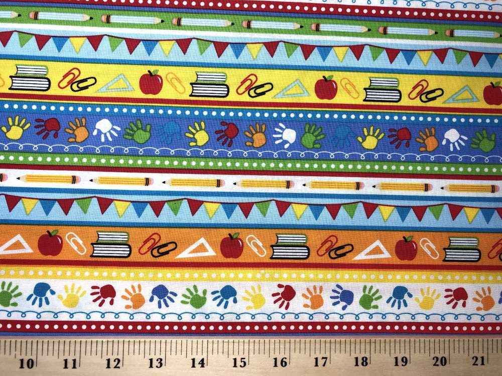 School Classroom Fabric Education Homeschool Teacher Handprints Stripe Apparel Quilting Cotton Fabric
