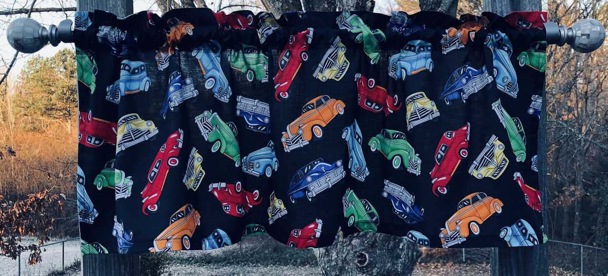 Vintage Old Cars Blue Red Yellow Green Orange on Black Curtain Valance NEW